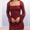 Dresses sthcute | Sequin Square Neckline Lantern Sleeve Mini Dress Darkred