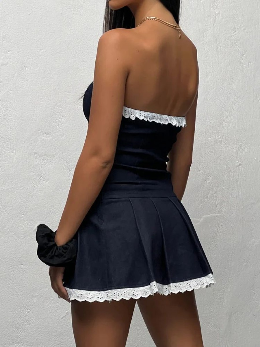 Dresses sthcute | Lace Trim Cinched Waistu00A0Pleated Mini Dress Darkblue