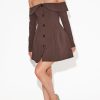 Dresses sthcute | Off Shoulder Button Front A-Line Mini Dress Brown