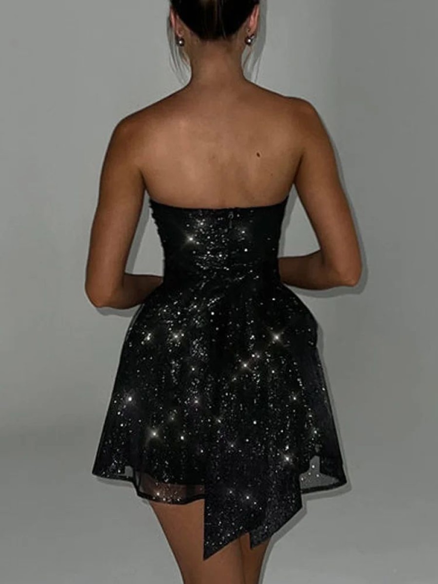 Occasion sthcute | Sparkle Mesh Strapless Bow Back A-Line Mini Dress