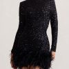 Occasion sthcute | Sequin Feather Trim Long Sleeve Bodycon Mini Dress