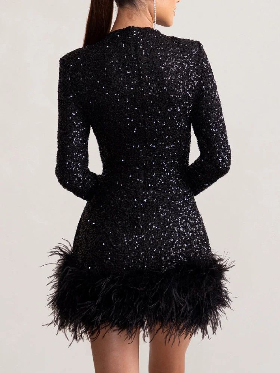 Occasion sthcute | Sequin Feather Trim Long Sleeve Bodycon Mini Dress