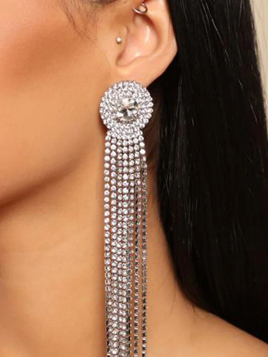 Accessories sthcute | Dangle Drop Sparkling Long Tassel Crystal Earrings Silver