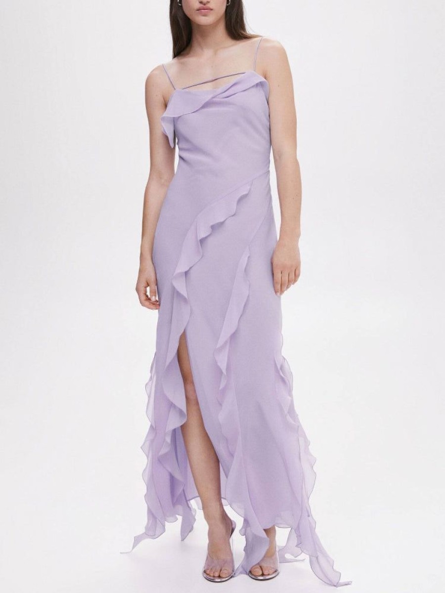 Dresses sthcute | Layered Ruffle Side Slit Backless Maxi Dress Lavender