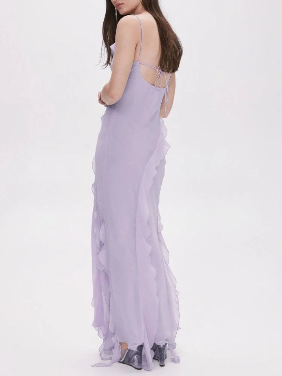 Dresses sthcute | Layered Ruffle Side Slit Backless Maxi Dress Lavender