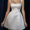 Occasion sthcute | Satin Square Neckline Cinched Waist Mini Dress White