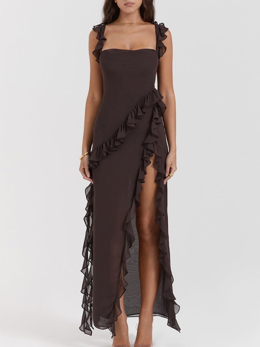 Winter Formal sthcute | Low Back Ruffle Frill Trim High Split Maxi Dress