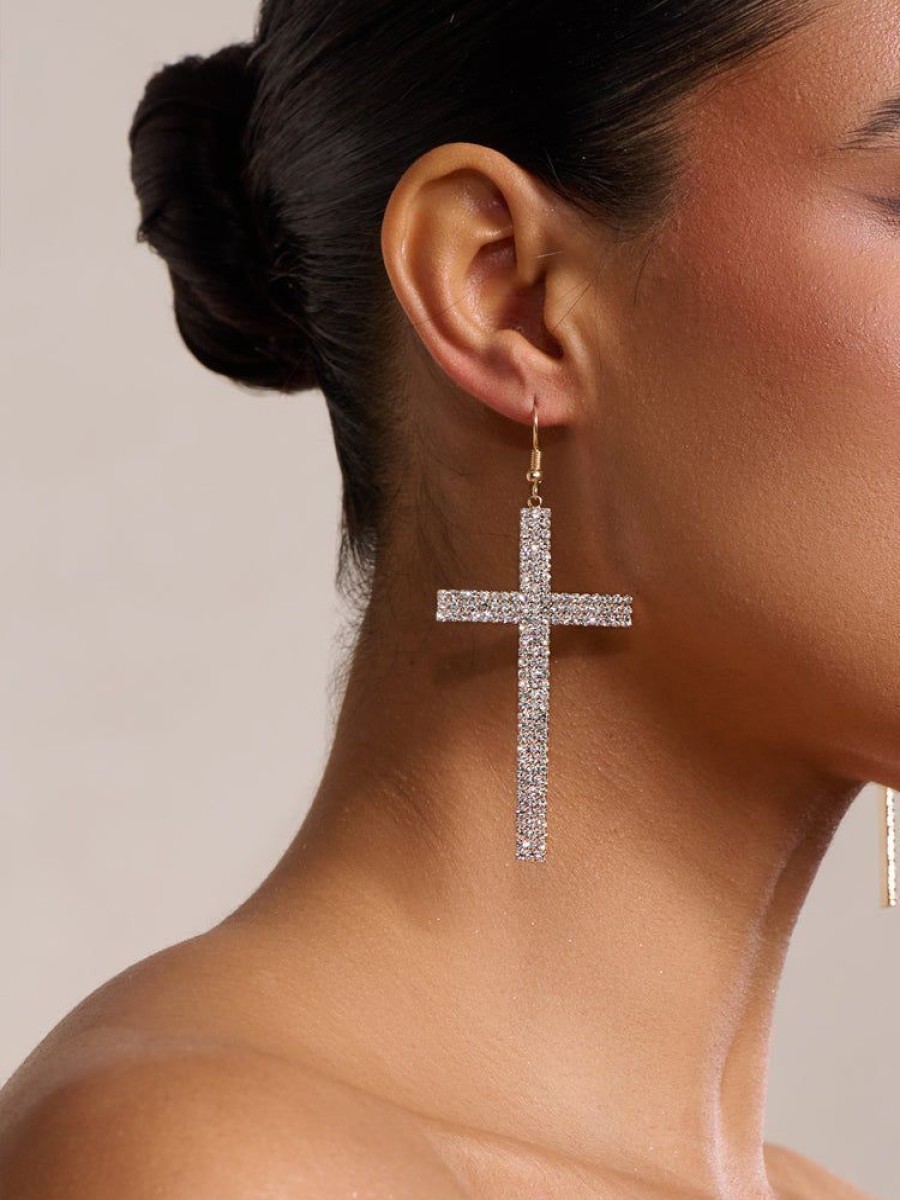 Accessories sthcute | Diamante Cross Shape Crystal Drop Earring Silver