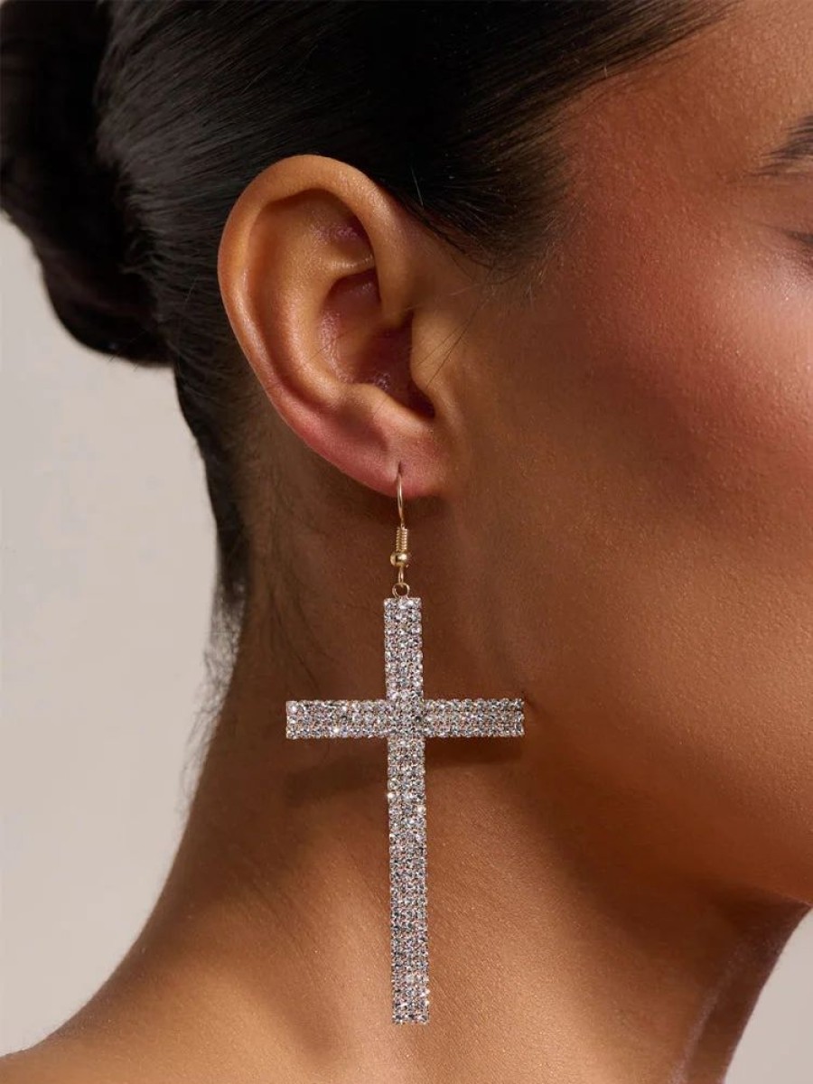 Accessories sthcute | Diamante Cross Shape Crystal Drop Earring Silver