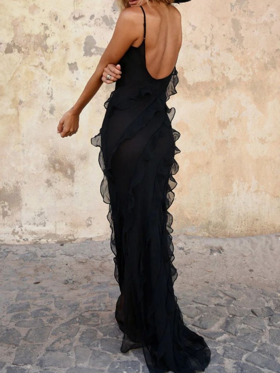 Dresses sthcute | Ruffle Detail Side Slit Backless Maxi Dress