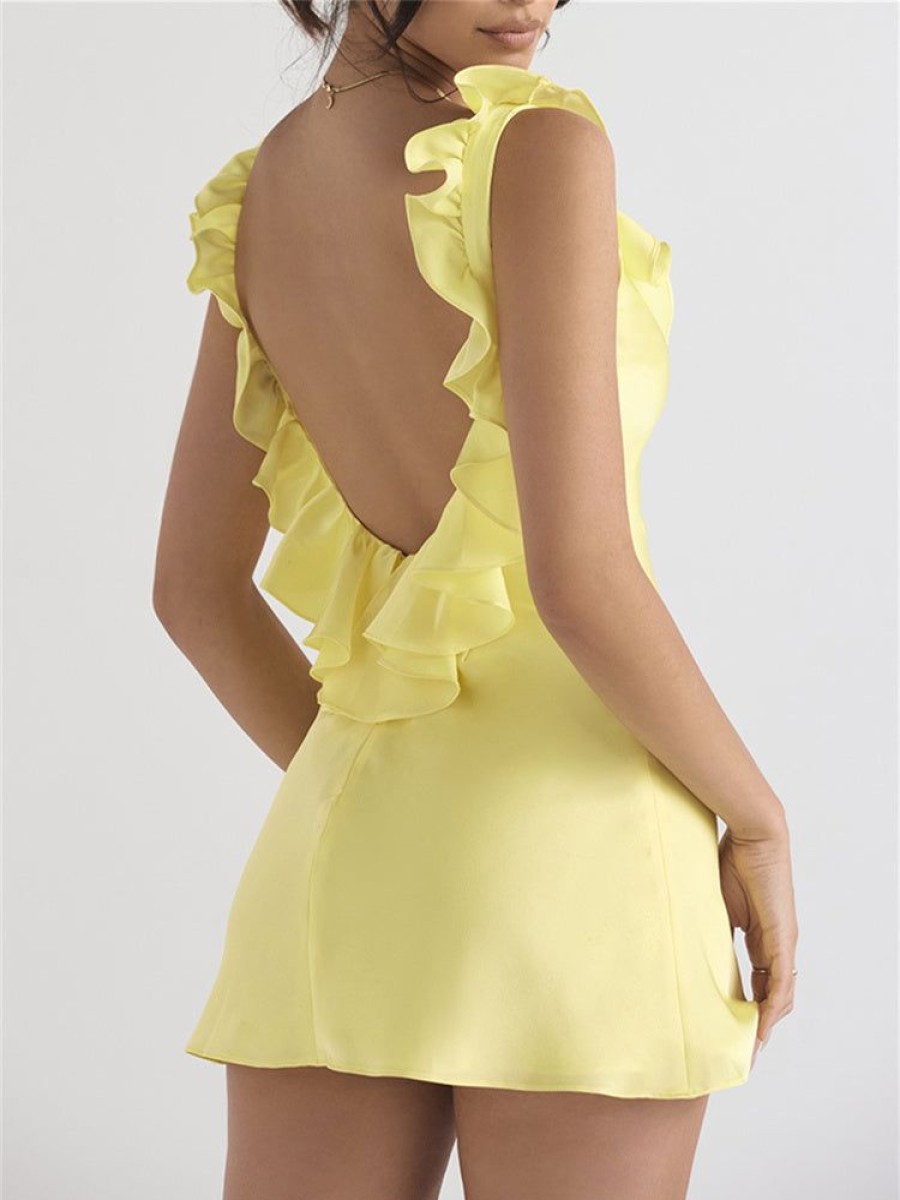 Dresses sthcute | Satin Sleeveless Ruffle Open Back V Neck Mini Dress