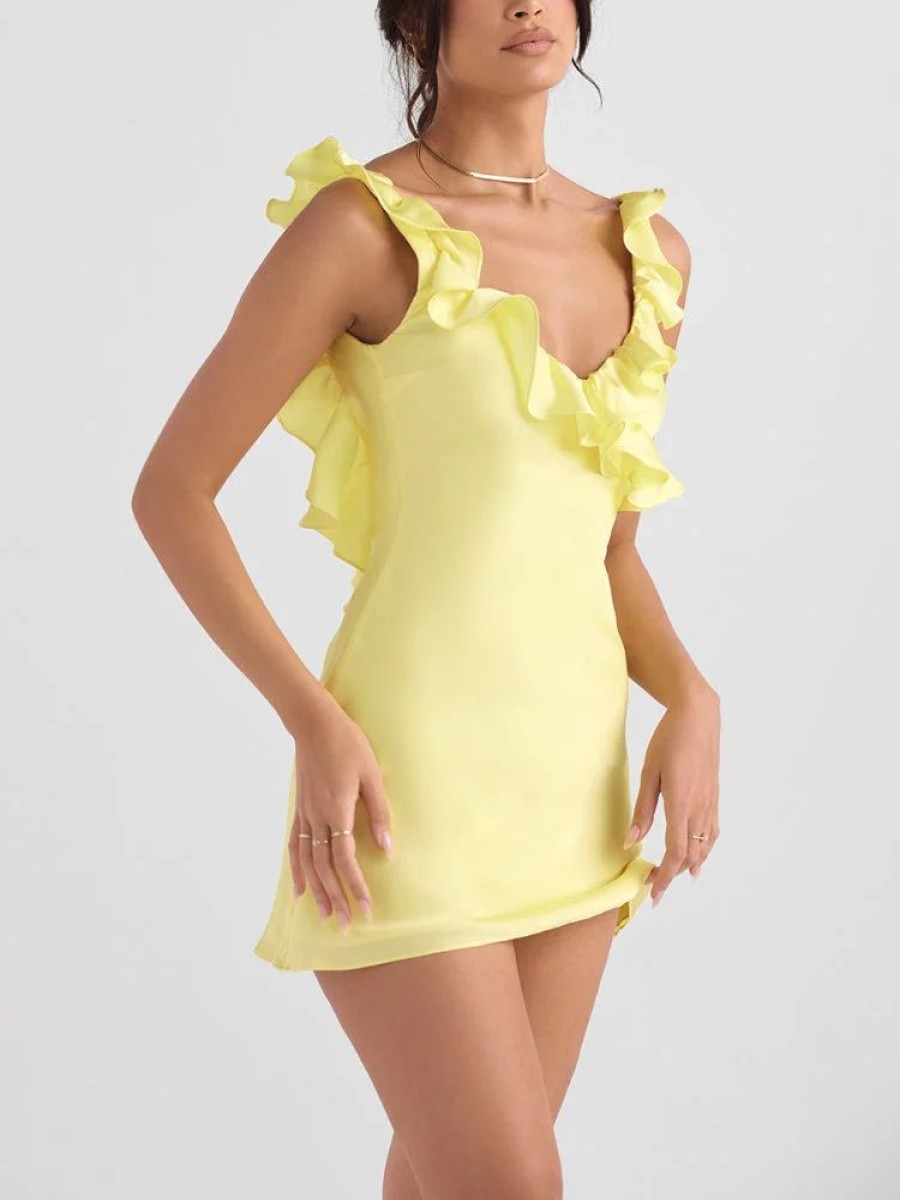 Dresses sthcute | Satin Sleeveless Ruffle Open Back V Neck Mini Dress