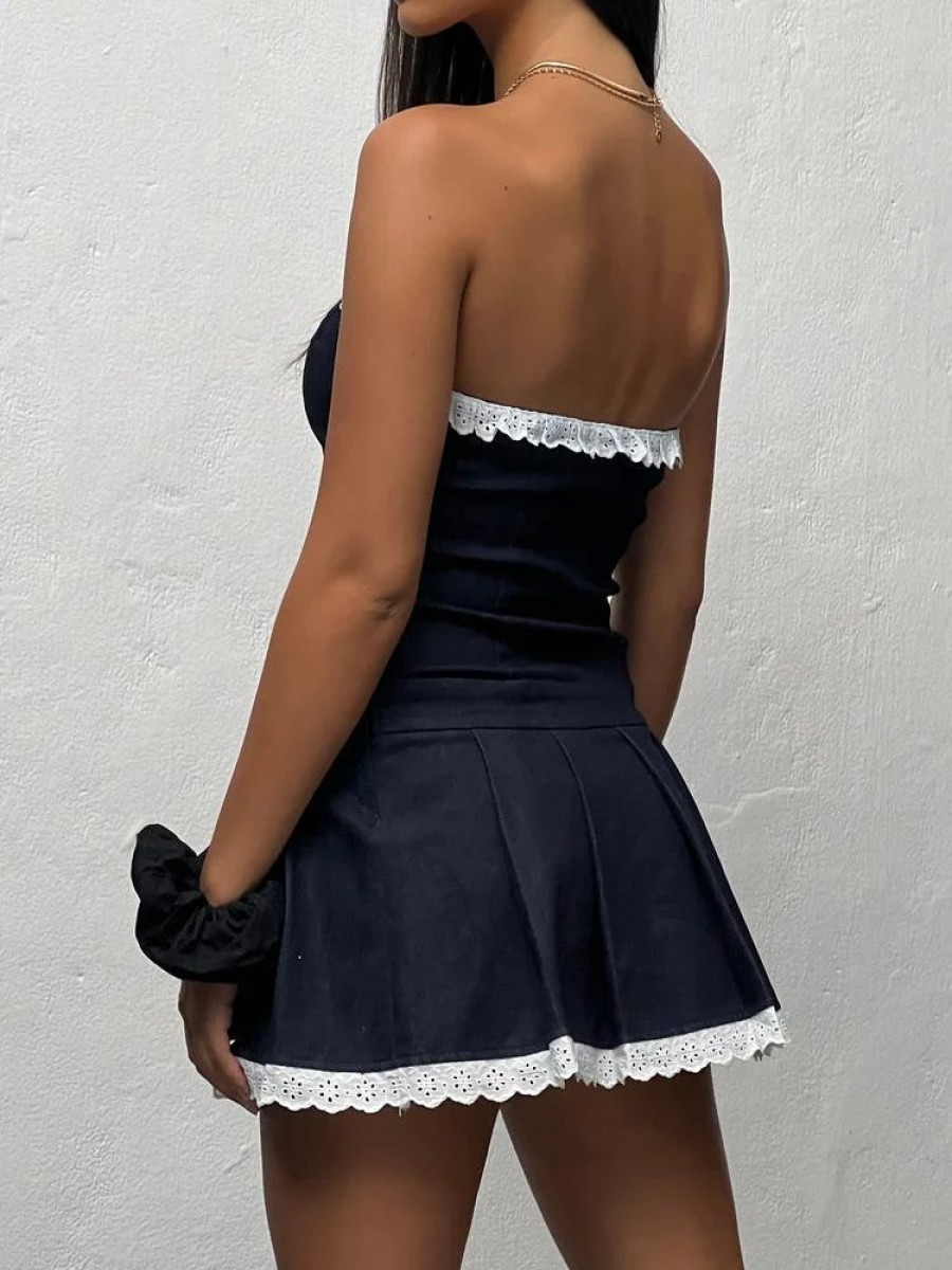 Occasion sthcute | Lace Trim Cinched Waistu00A0Pleated Mini Dress Darkblue