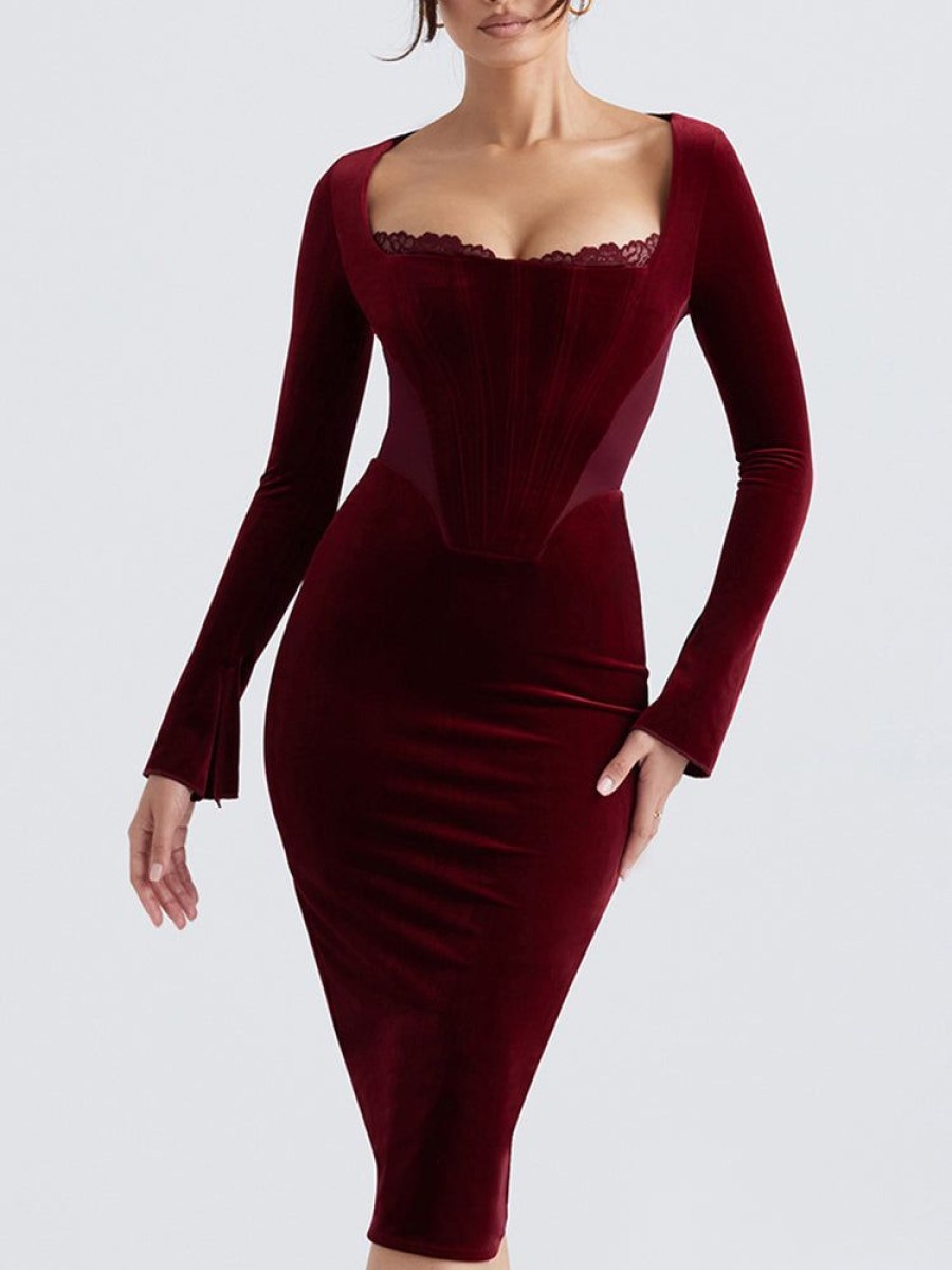 Occasion sthcute | Wine Velvet Corset Lace Trim Long Sleeve Midi Dress Darkred