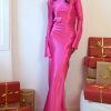 Dresses sthcute | Satin Backless Long Sleeve Slit Draped Maxi Dress Deeppink