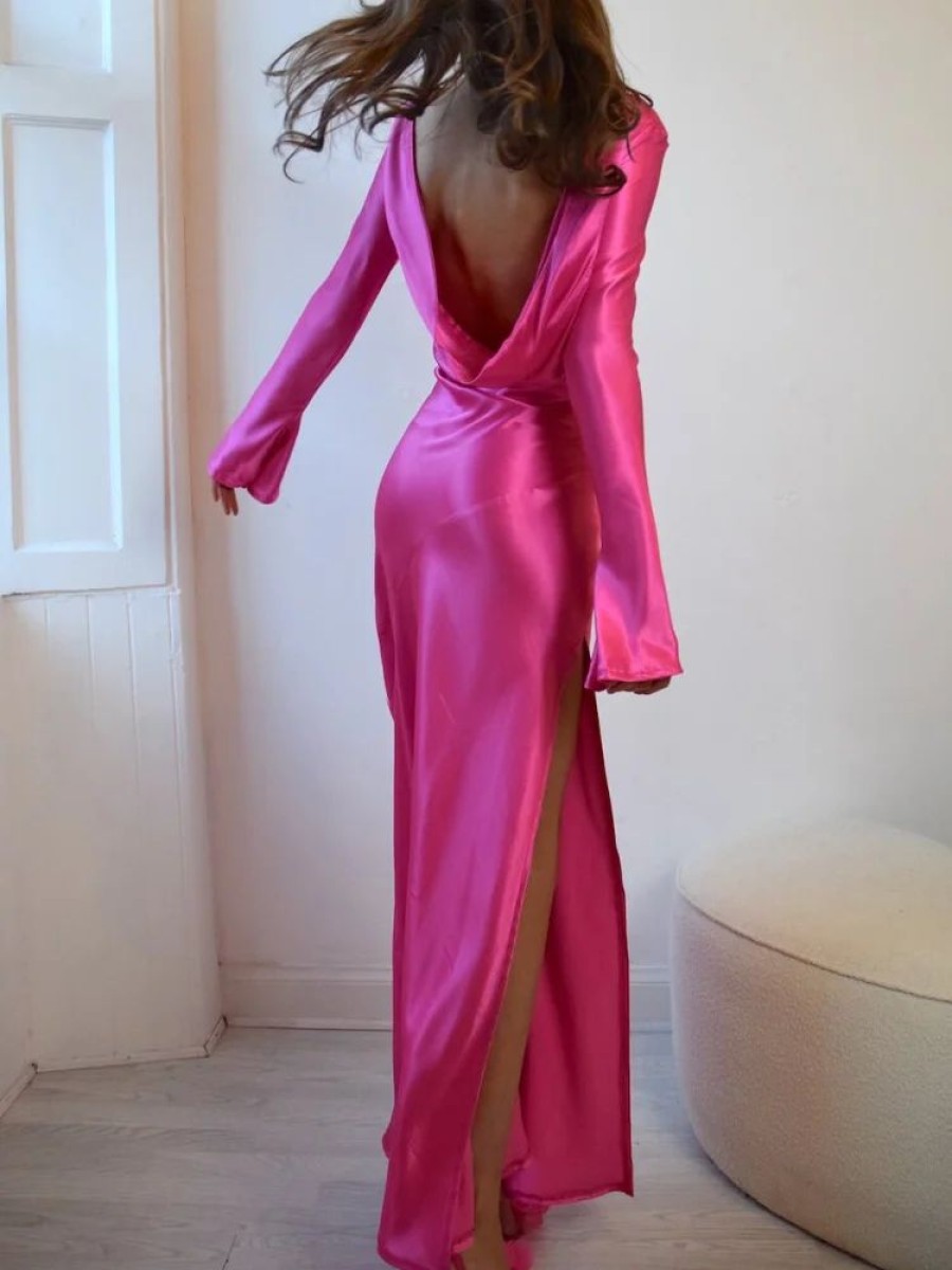 Dresses sthcute | Satin Backless Long Sleeve Slit Draped Maxi Dress Deeppink