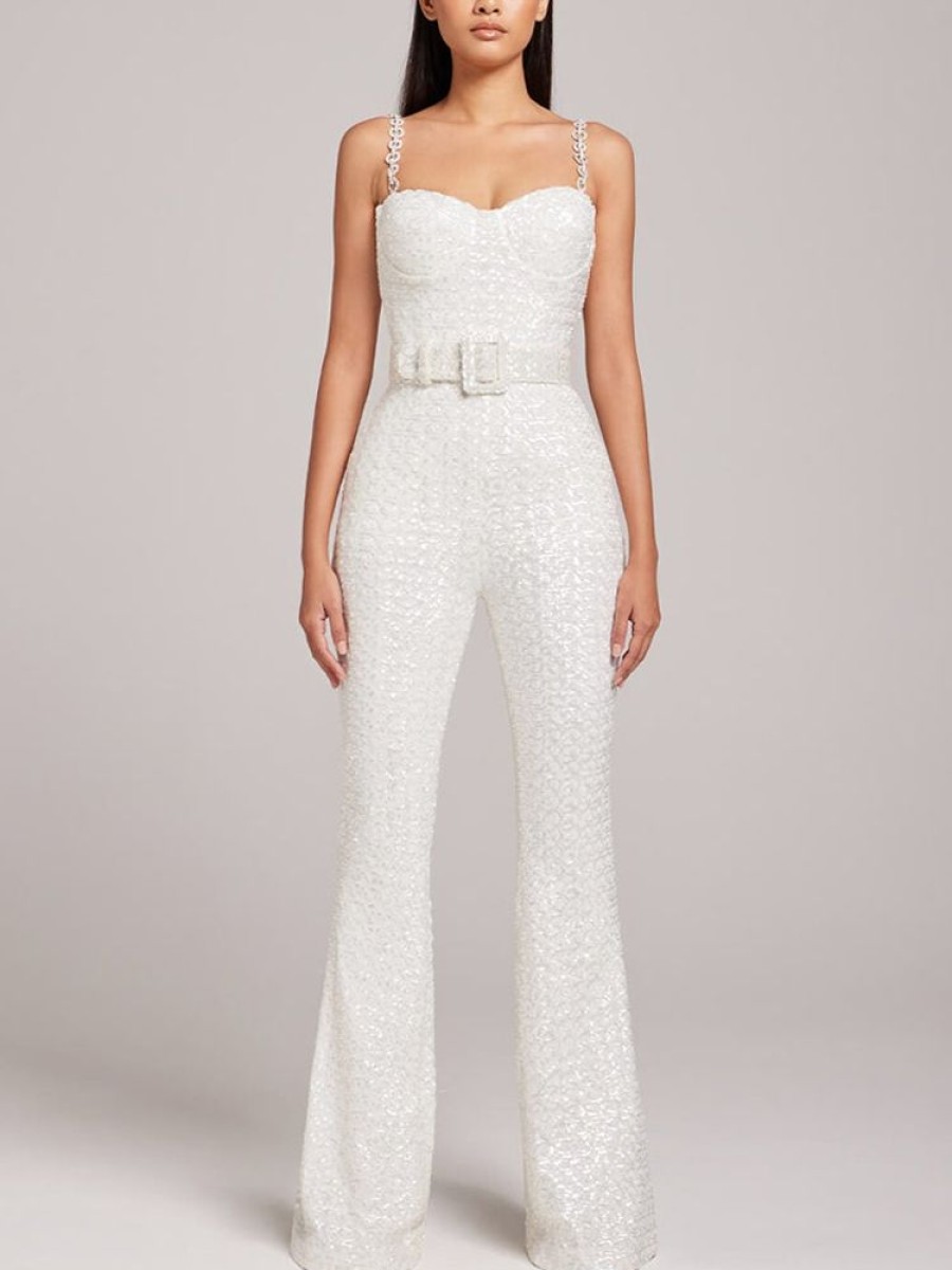 Jumpsuit sthcute | Jacquardu00A0Diamante Strapu00A0Flared Jumpsuit With Belt White