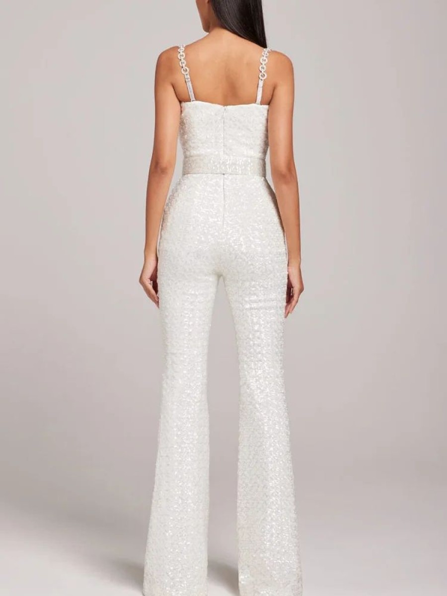 Jumpsuit sthcute | Jacquardu00A0Diamante Strapu00A0Flared Jumpsuit With Belt White