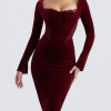 Dresses sthcute | Wine Velvet Corset Lace Trim Long Sleeve Midi Dress Darkred