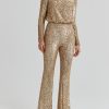 Occasion Sthcute | Sequin Mock Neckline Backless Long Sleeve Jumpsuit Gold