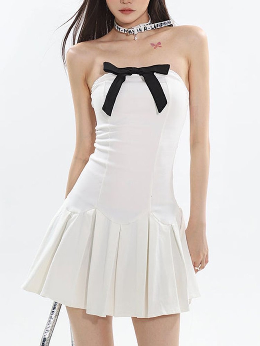 Dresses sthcute | Strapless Bow Embellished Pleated Mini Dress White