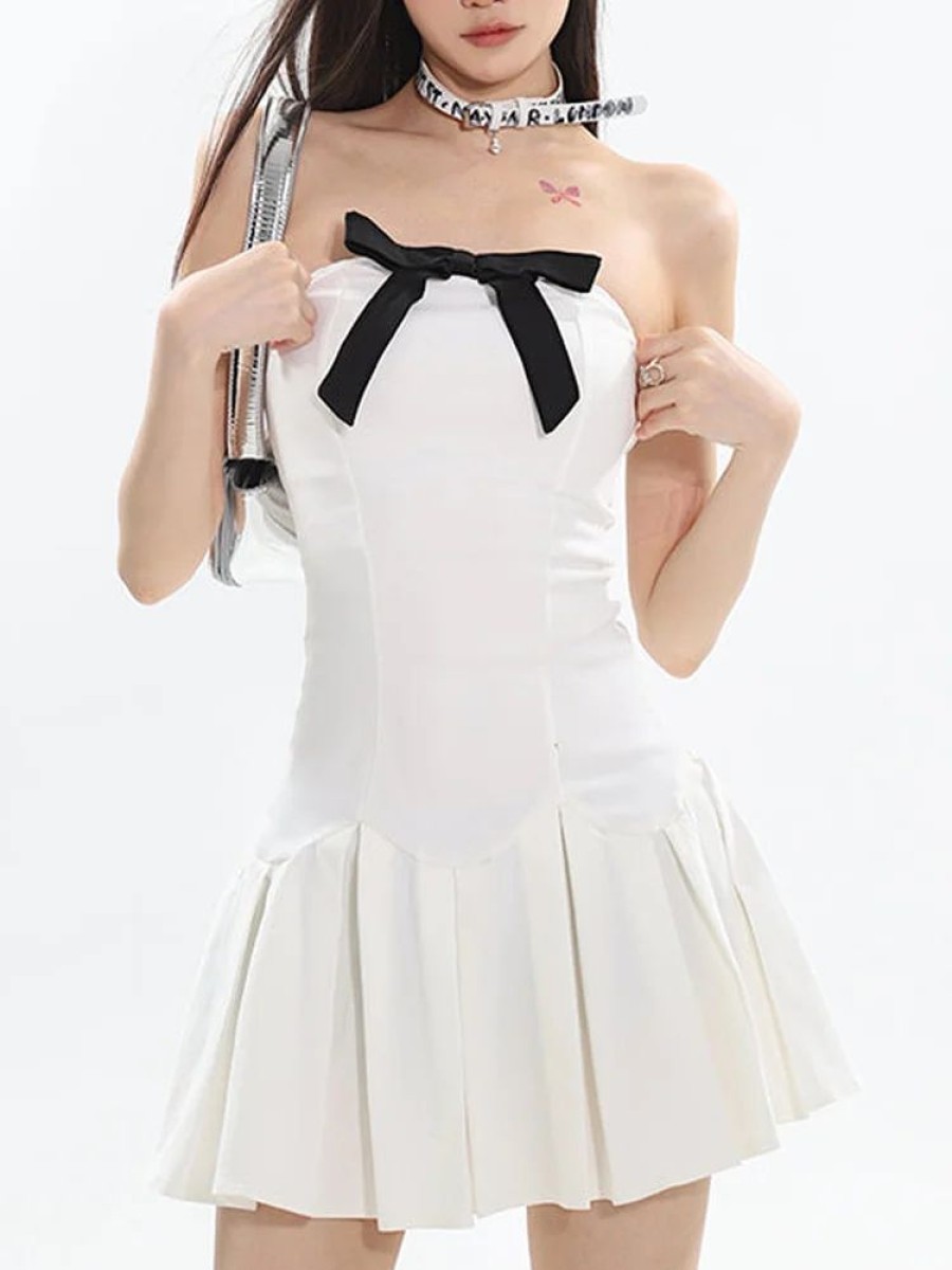 Dresses sthcute | Strapless Bow Embellished Pleated Mini Dress White