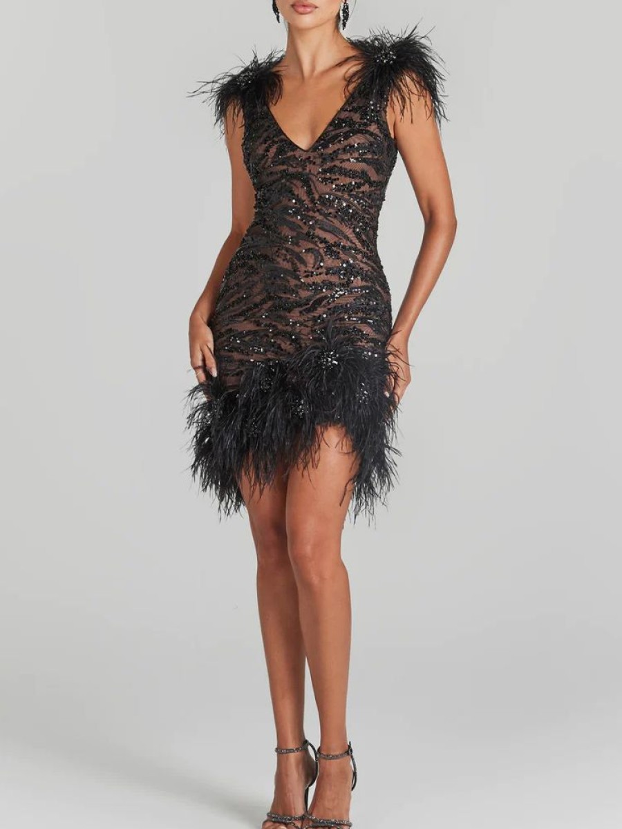 Dresses sthcute | Sequin V Neckline Feather Trimu00A0 Mini Dress Black