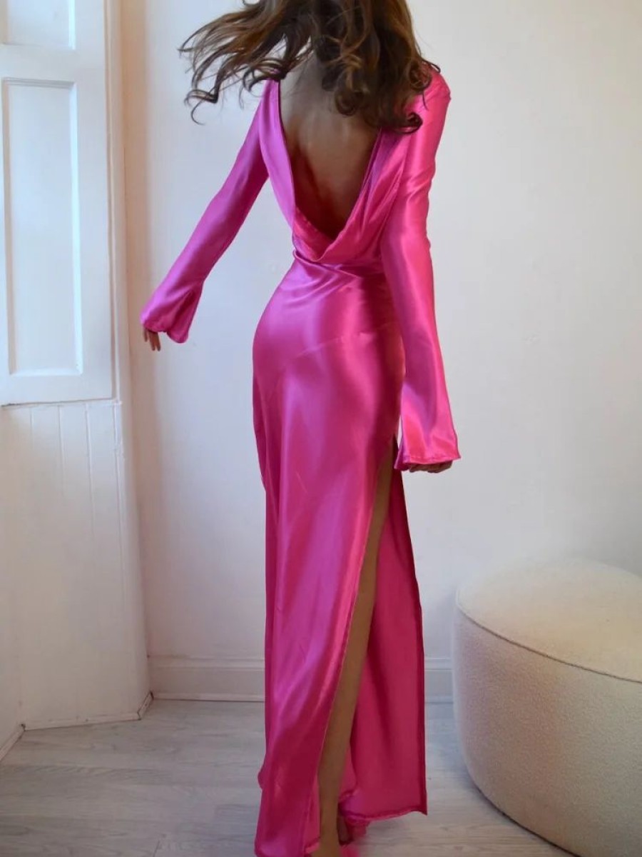 Occasion sthcute | Satin Backless Long Sleeve Slit Draped Maxi Dress Deeppink